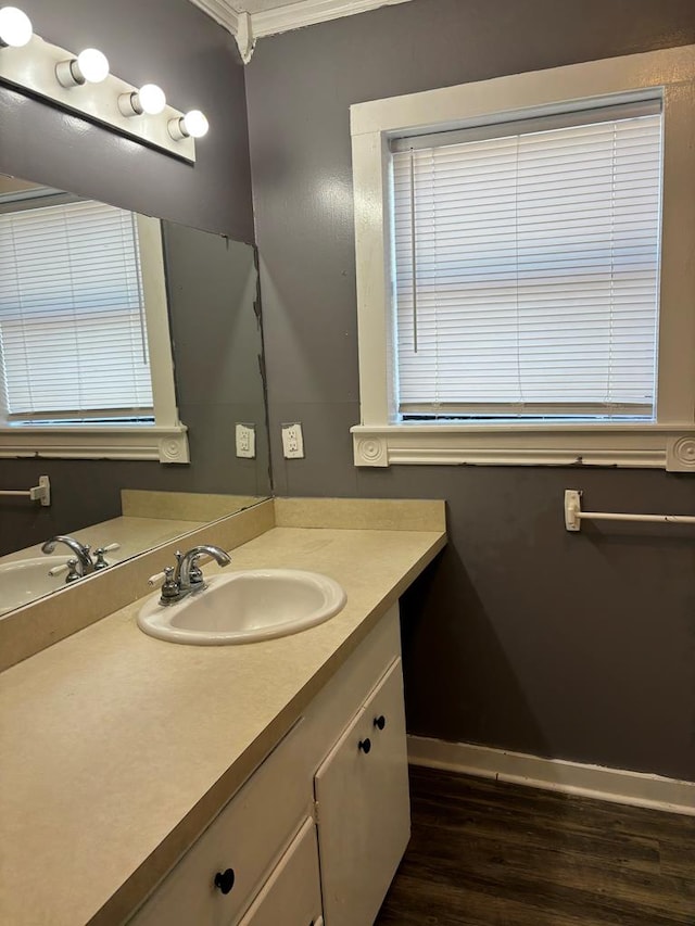 bathroom with vanity, wood-type flooring, and ornamental molding