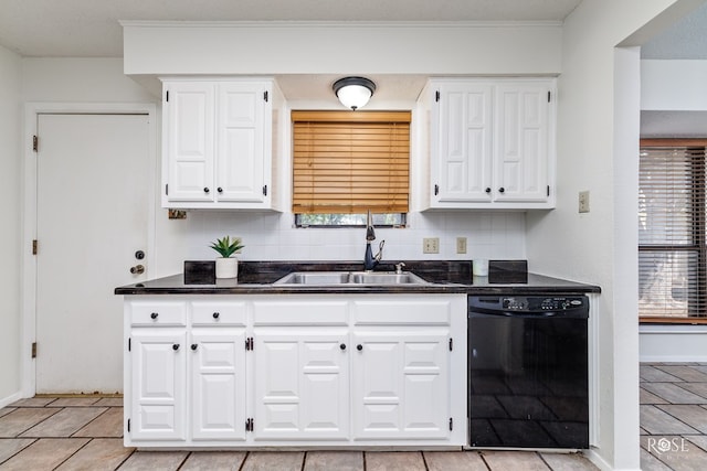 kitchen with black dishwasher, sink, white cabinets, backsplash, and dark stone counters