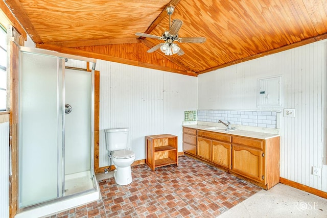 bathroom with brick floor, wood ceiling, vanity, and toilet