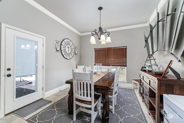 tiled dining room with crown molding and a notable chandelier