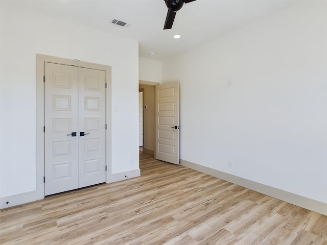 3608 Clearview Dr, San Angelo, TX 76904 - unfurnished bedroom with light wood-style flooring, a closet, ceiling fan, and recessed lighting
