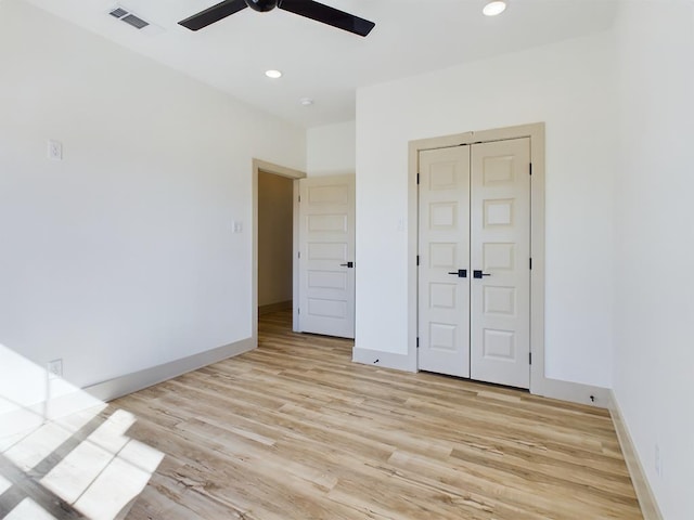 3608 Clearview Dr, San Angelo, TX 76904 - unfurnished bedroom with light wood-type flooring, recessed lighting, a ceiling fan, and a closet