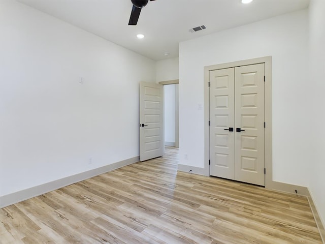 3608 Clearview Dr, San Angelo, TX 76904 - unfurnished bedroom featuring light wood finished floors, recessed lighting, a ceiling fan, and a closet