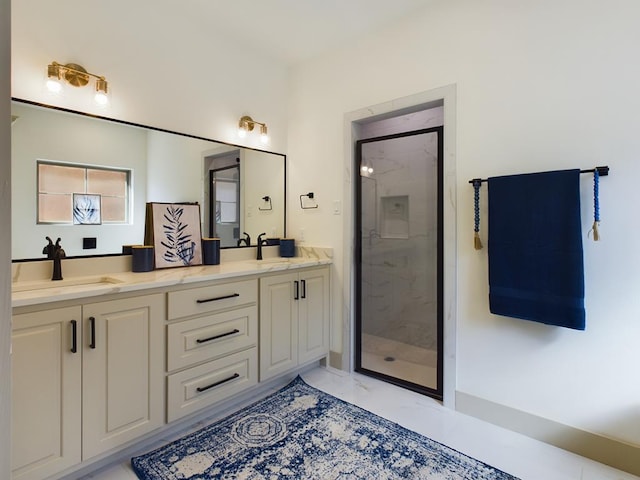 3608 Clearview Dr, San Angelo, TX 76904 - bathroom featuring marble finish flooring, double vanity, and a stall shower