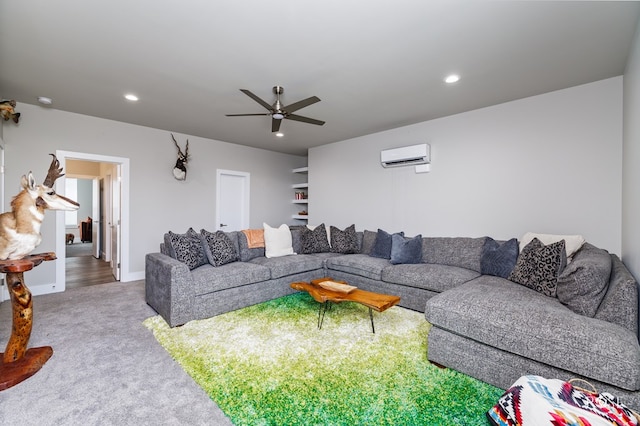4992 Silver Creek Pass, San Angelo, TX 76904 - carpeted living room featuring a wall unit AC, ceiling fan, and recessed lighting