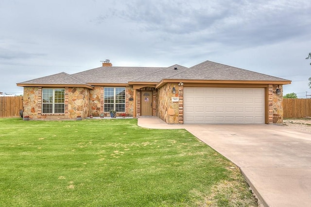 7805 Elk Run, San Angelo, TX 76901 - ranch-style home featuring stone siding, a chimney, concrete driveway, and a garage