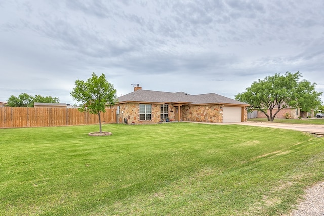 7805 Elk Run, San Angelo, TX 76901 - ranch-style home with driveway, a garage, stone siding, and a chimney