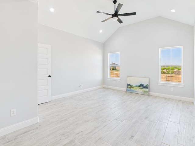3725 Silver Spur Dr, San Angelo, TX 76904 - unfurnished living room featuring a ceiling fan, plenty of natural light, light wood finished floors, high vaulted ceiling, and recessed lighting
