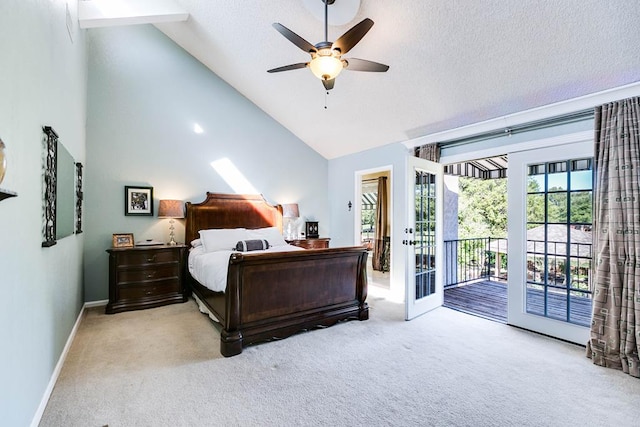 5202 Beverly Dr, San Angelo, TX 76904 - carpeted bedroom with access to outside, high vaulted ceiling, baseboards, a textured ceiling, and ceiling fan