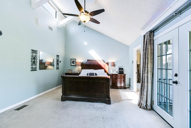 5202 Beverly Dr, San Angelo, TX 76904 - bedroom with light carpet, baseboards, a textured ceiling, a ceiling fan, and high vaulted ceiling