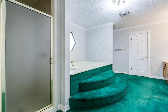  - bathroom with a stall shower, vanity, a bath, crown molding, and baseboards