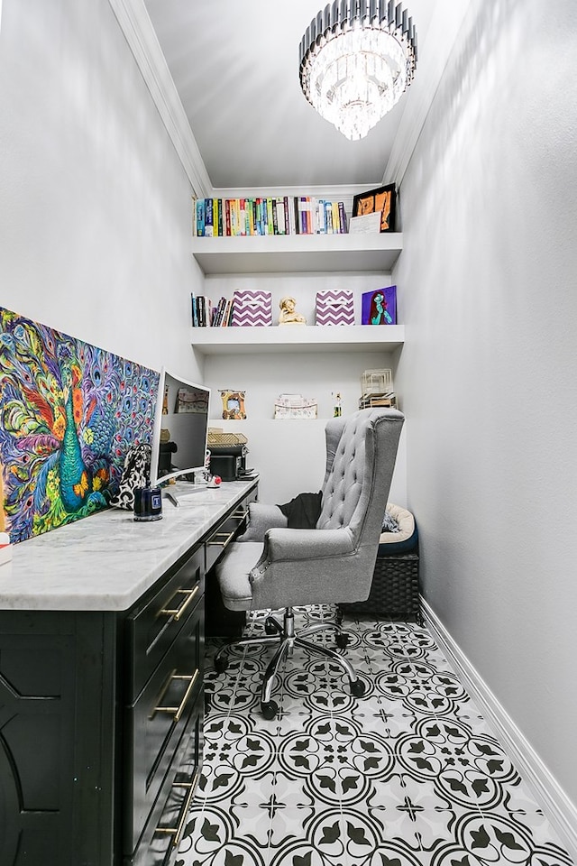 home office featuring an inviting chandelier, tile patterned flooring, crown molding, and built in shelves