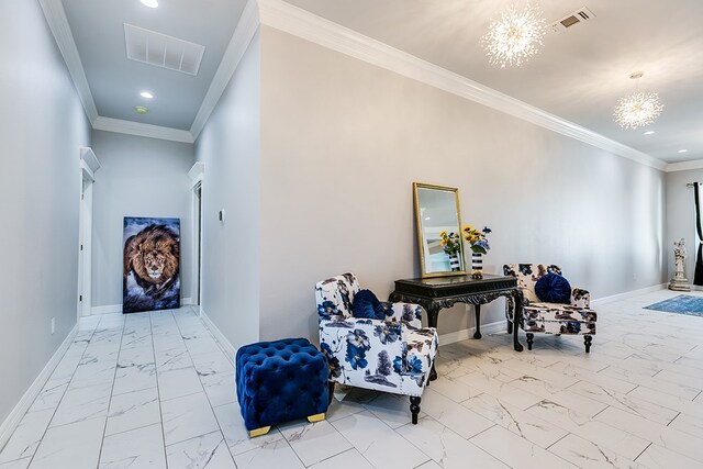 corridor with crown molding and a chandelier