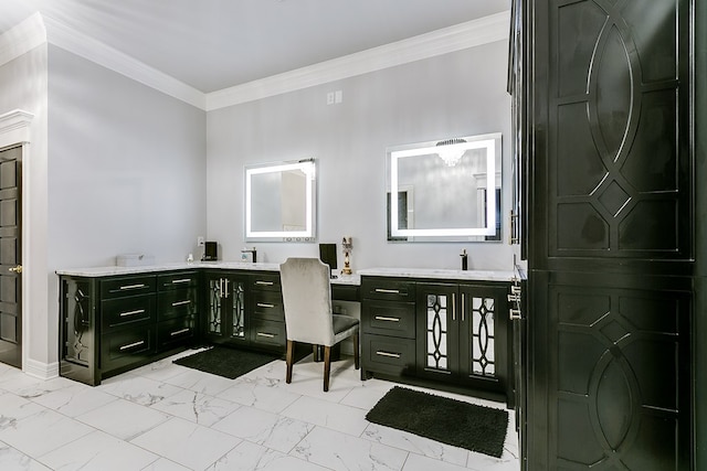 bathroom with crown molding and vanity