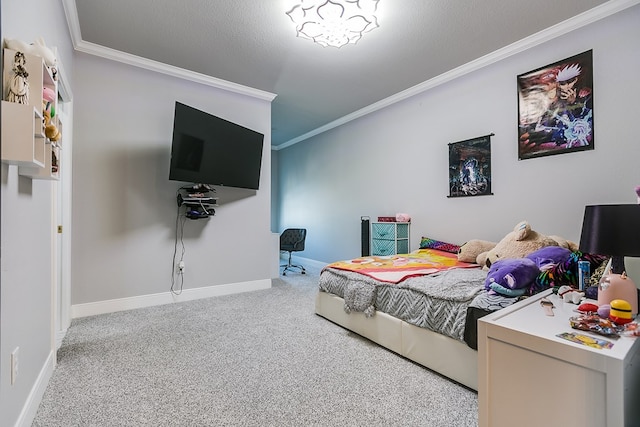 bedroom with light colored carpet, ornamental molding, and a textured ceiling