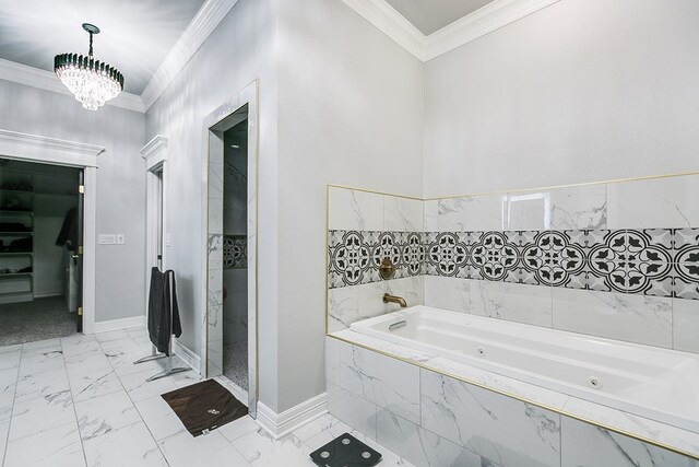 bathroom with ornamental molding, shower with separate bathtub, and an inviting chandelier