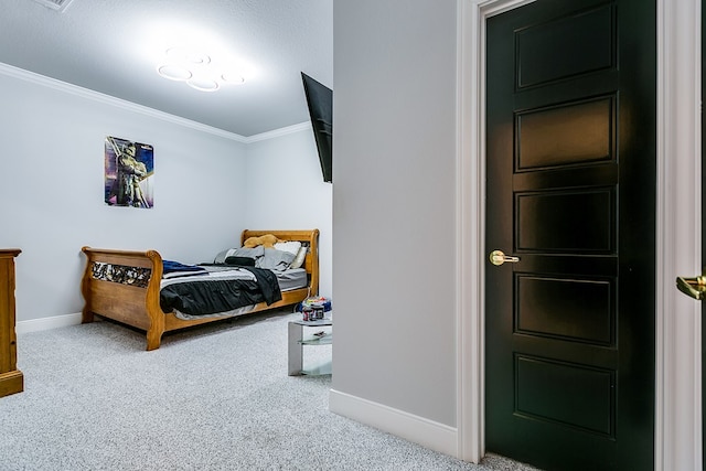 carpeted bedroom with crown molding