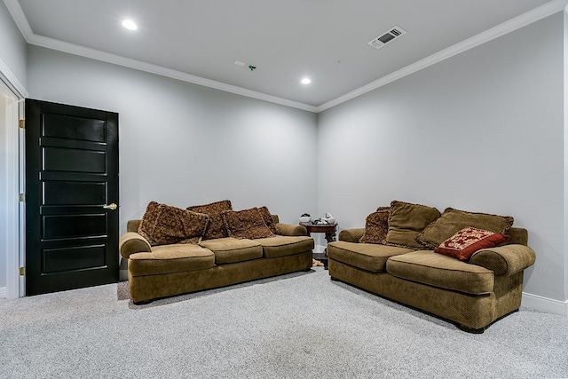 carpeted living room featuring crown molding