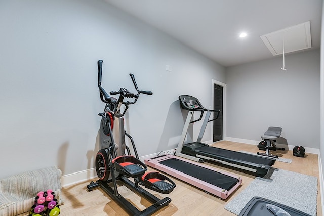 workout room featuring hardwood / wood-style floors