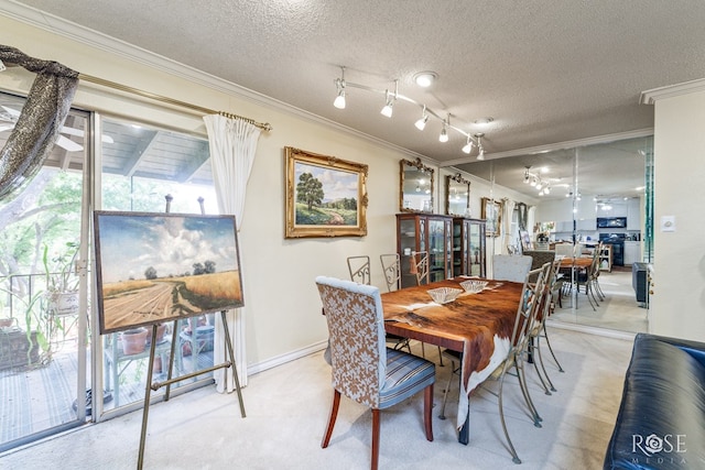 dining area with crown molding, baseboards, light carpet, and a textured ceiling
