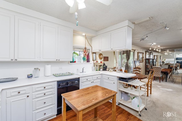 kitchen with black dishwasher, a ceiling fan, white cabinetry, and a sink