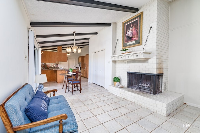 living room featuring light tile patterned floors, a fireplace, lofted ceiling with beams, and a textured ceiling