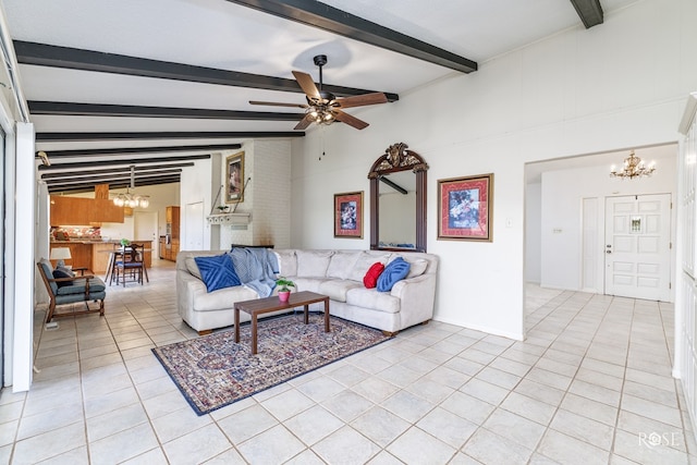 living room featuring beamed ceiling, ceiling fan with notable chandelier, and light tile patterned floors