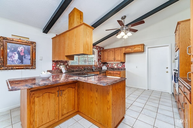 kitchen with tasteful backsplash, lofted ceiling with beams, kitchen peninsula, dishwasher, and dark stone counters