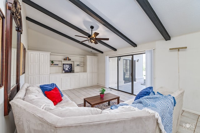 living room featuring light tile patterned floors, lofted ceiling with beams, and ceiling fan