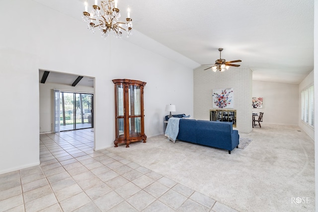 carpeted living room featuring vaulted ceiling, a brick fireplace, and ceiling fan