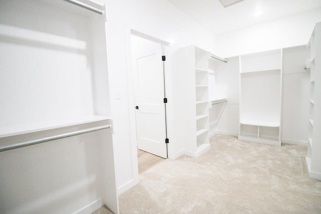 walk in closet with light colored carpet