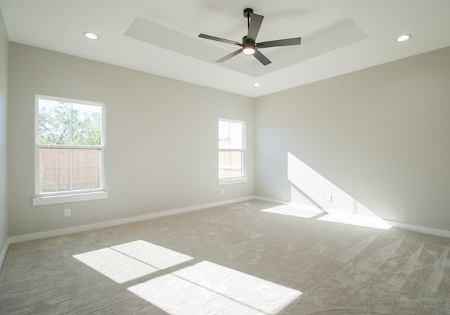 empty room featuring light colored carpet, a raised ceiling, and ceiling fan