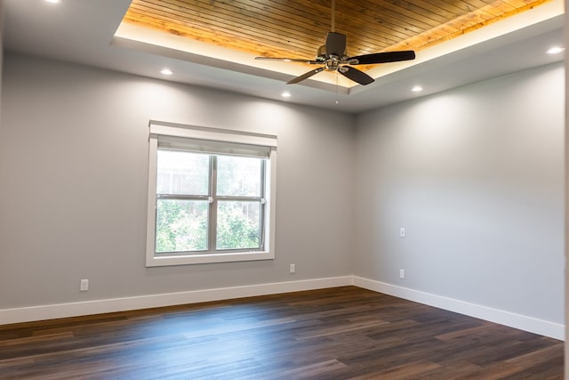 1906 Colonial Dr, San Angelo, TX 76904 - spare room featuring wood ceiling, a raised ceiling, recessed lighting, dark wood-style floors, and a ceiling fan