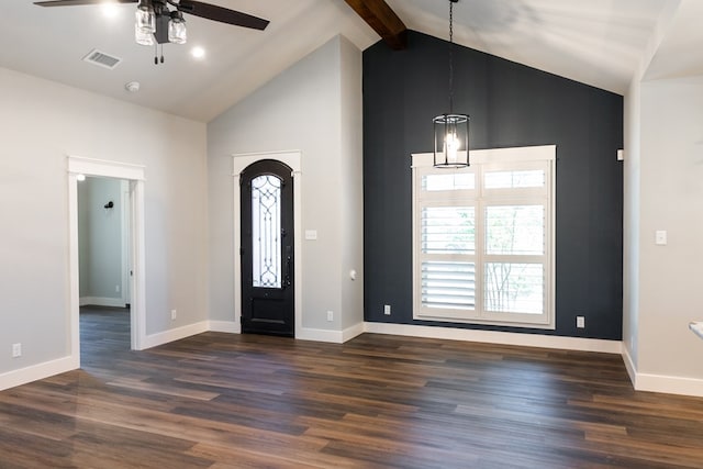 1906 Colonial Dr, San Angelo, TX 76904 - entrance foyer featuring ceiling fan, high vaulted ceiling, dark wood-type flooring, and beam ceiling