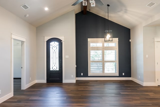1906 Colonial Dr, San Angelo, TX 76904 - foyer with ceiling fan, dark wood finished floors, plenty of natural light, high vaulted ceiling, and beamed ceiling