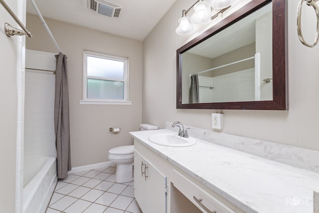 full bathroom with shower / tub combo with curtain, vanity, toilet, and tile patterned floors