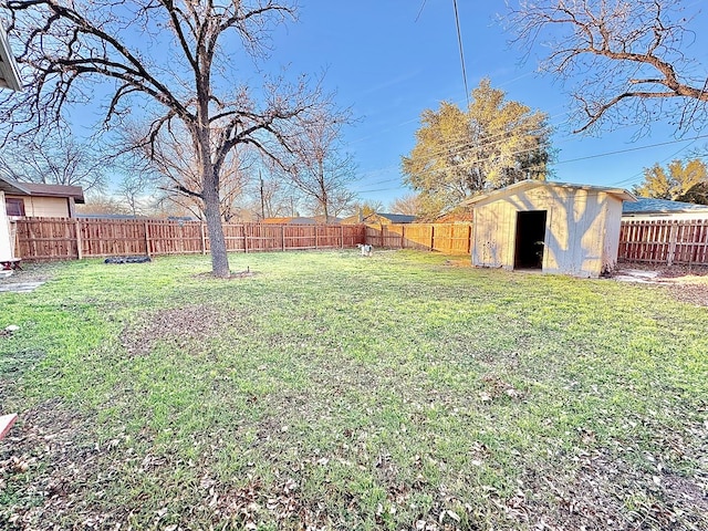 view of yard featuring a storage shed