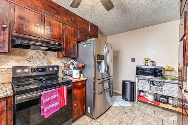 1103 E 43rd St, San Angelo, TX 76903 - kitchen featuring stainless steel appliances, under cabinet range hood, backsplash, ceiling fan, and a textured ceiling