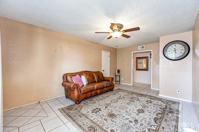 1103 E 43rd St, San Angelo, TX 76903 - living area with light tile patterned floors, a ceiling fan, and a textured ceiling