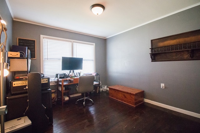 office space featuring baseboards, wood finished floors, and crown molding