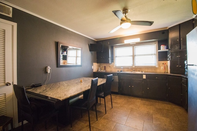 kitchen featuring a sink, visible vents, a wealth of natural light, and ornamental molding