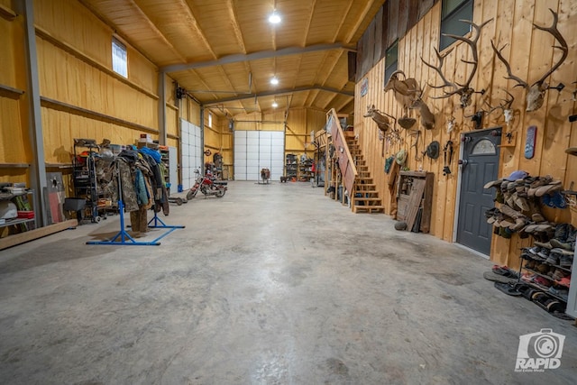 garage with wooden walls