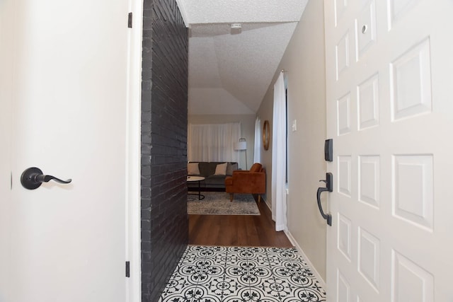 foyer with a textured ceiling, dark wood-type flooring, baseboards, and vaulted ceiling