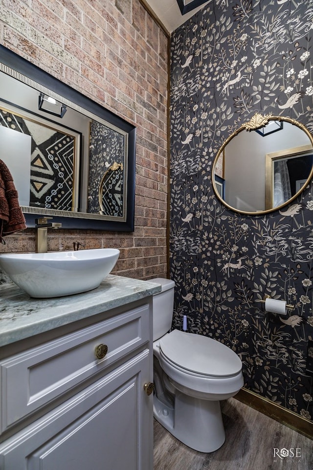 bathroom featuring wood-type flooring, toilet, and vanity