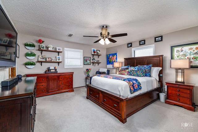 carpeted bedroom featuring ceiling fan, multiple windows, and a textured ceiling