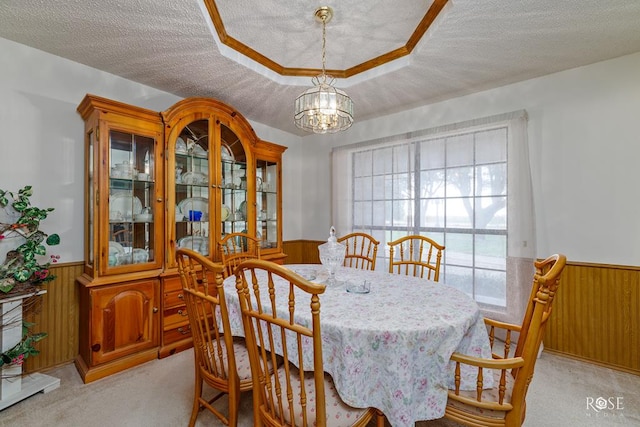 dining room with a textured ceiling, wood walls, wainscoting, and carpet