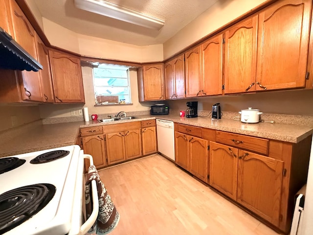 kitchen with sink, white appliances, range hood, a textured ceiling, and light wood-type flooring