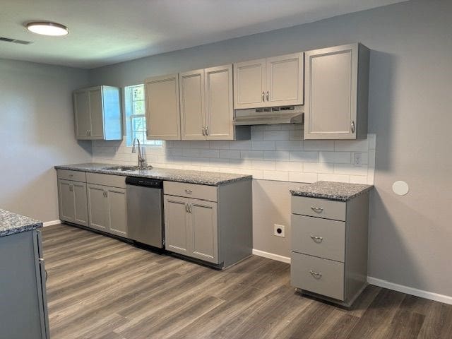 kitchen featuring backsplash, dishwasher, sink, and gray cabinetry