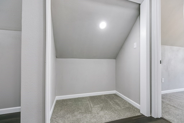 additional living space featuring lofted ceiling and dark colored carpet