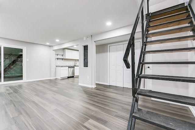 basement with hardwood / wood-style flooring and sink